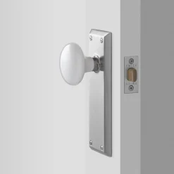Schoolhouse Freeport Large Backplate Doorset with Porcelain Knob - Satin Nickel Fashion