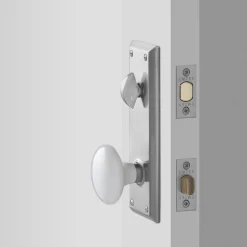 Schoolhouse Freeport Large Backplate Doorset with Porcelain Knob - Satin Nickel Fashion